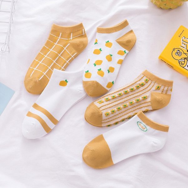 Women's Funny Cartoon Cotton Ankle Socks Set Cute Fruits Kawaii Style 5 Pairs