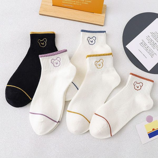 Vanessa's Pure Cotton Women's Boat Socks 5 Pairs - Cartoon Bear Design