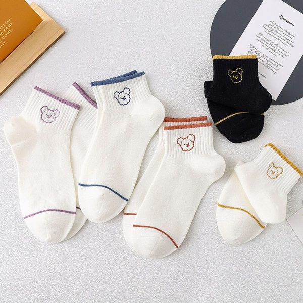 Vanessa's Pure Cotton Women's Boat Socks 5 Pairs - Cartoon Bear Design