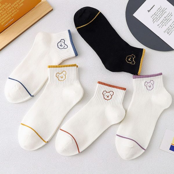 Vanessa's Pure Cotton Women's Boat Socks 5 Pairs - Cartoon Bear Design