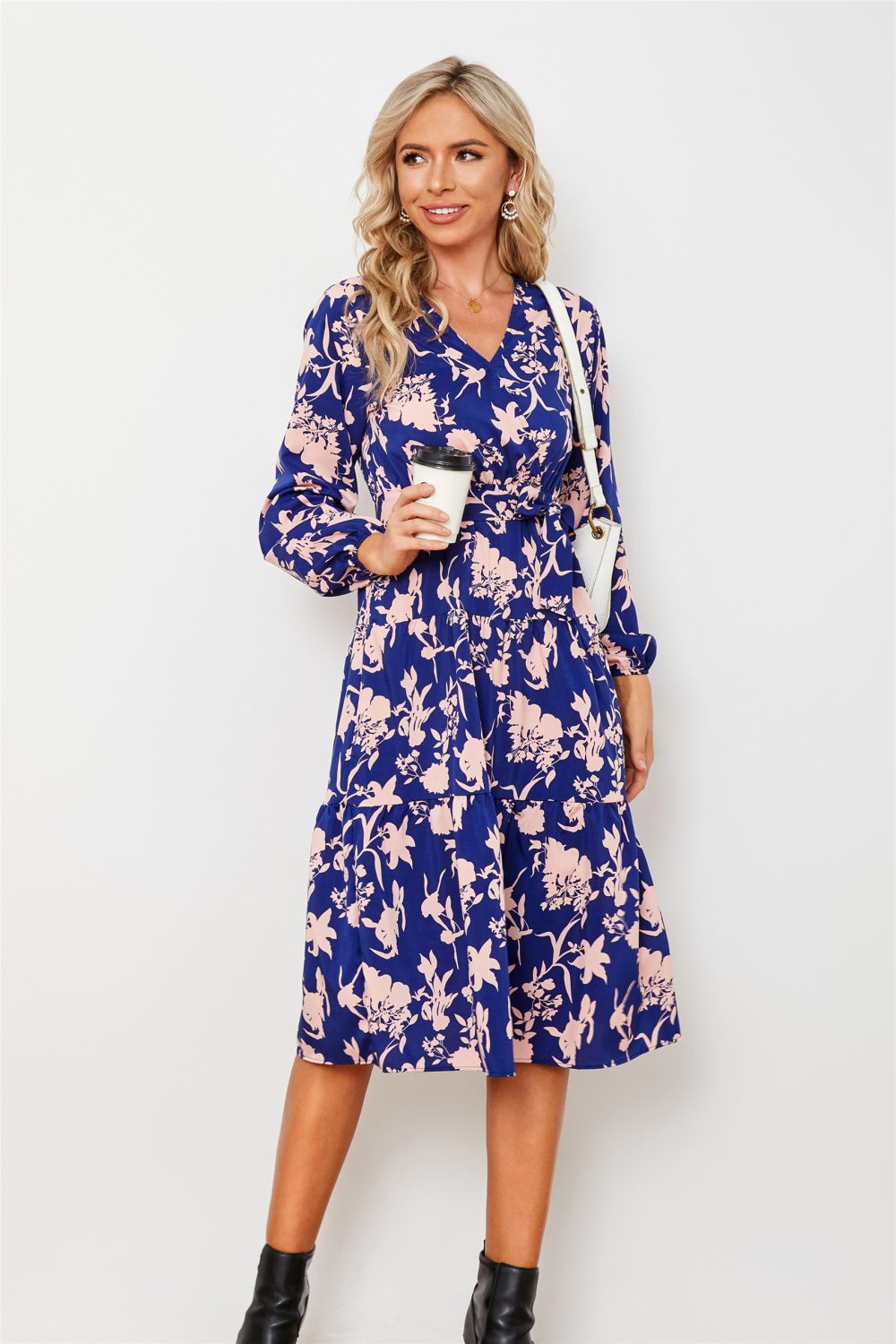 Long-Sleeved V-Neck Floral Dress