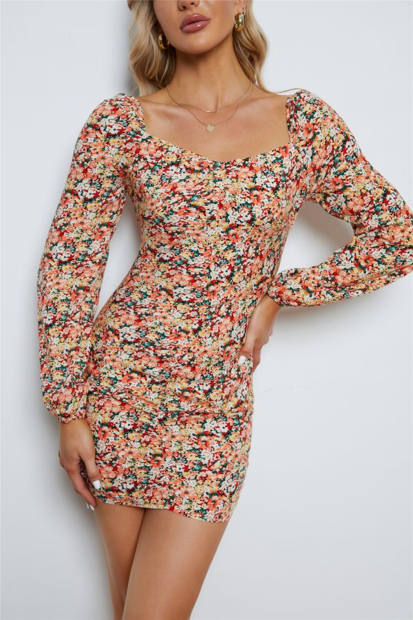 Ruched Floral Hip Long Sleeve Dress