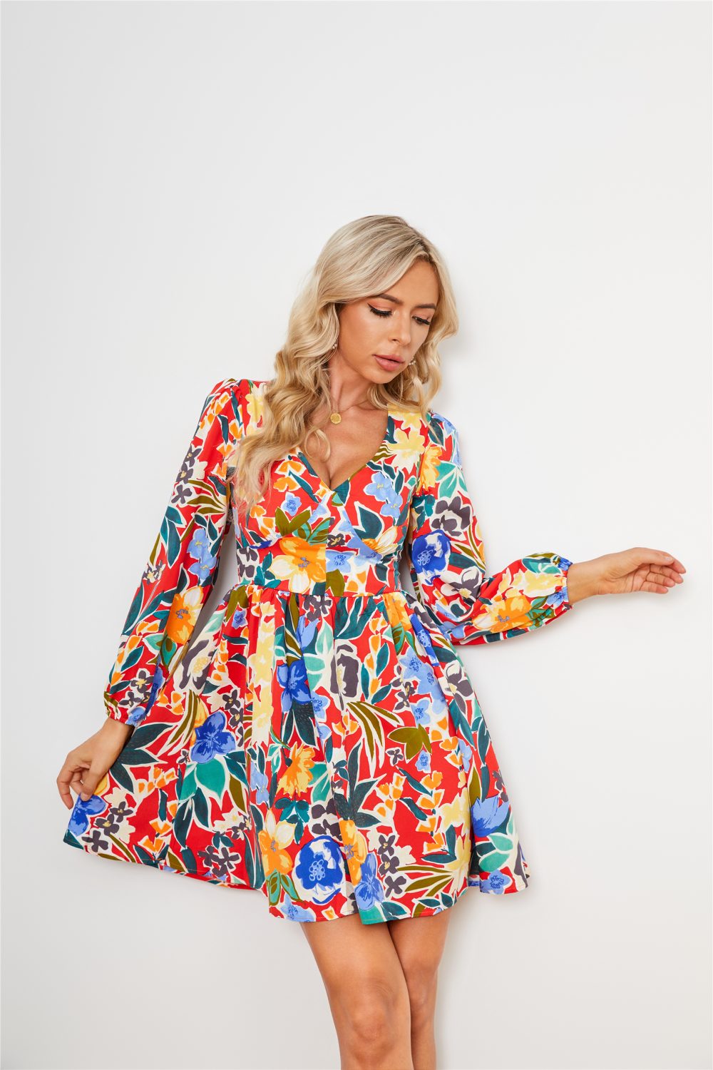 Long Sleeve Floral High Waist Dress