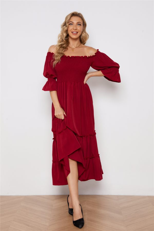 Elegant Off-Shoulder Solid Color Long Dress