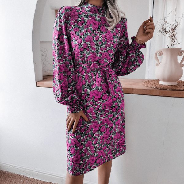 Floral Lantern Sleeve Chiffon Dress