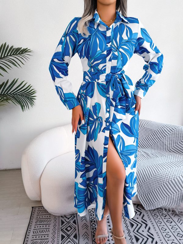 Contrast Color Floral Collared Tied Maxi Shirt Dress