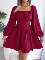 Casual Solid Color Square Neck Cinched Swing Dress