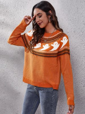 Ghost Skull Jacquard Retro Dots Long-Sleeved Knitted Sweater  Loose Autumn Winter Women Halloween