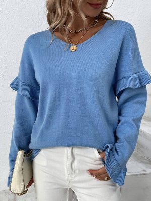 Solid Color V-neck Petal Sleeve Sweater for Women