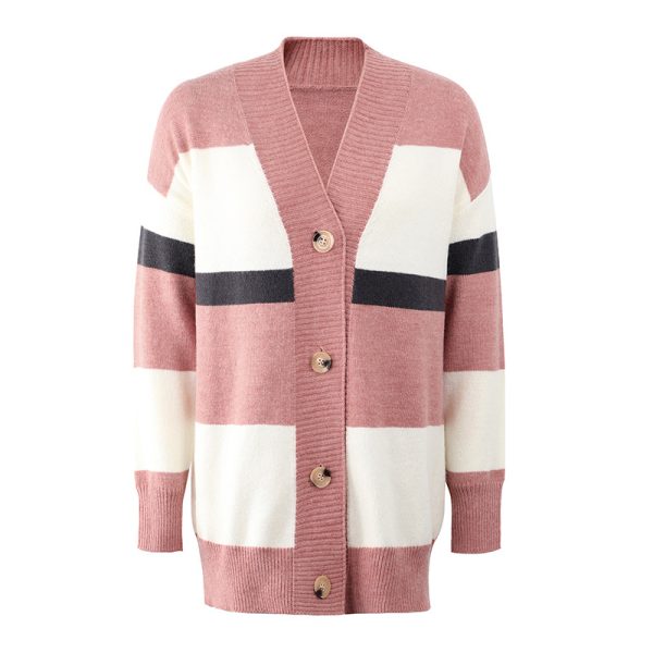 Wool Rain Striped Sweater Women Button Cardigan Coat