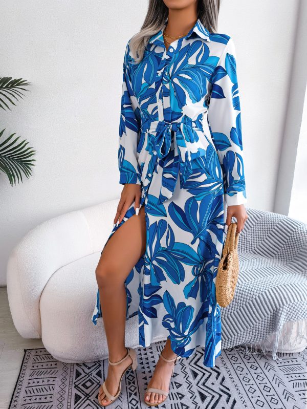 Contrast Color Floral Collared Tied Maxi Shirt Dress