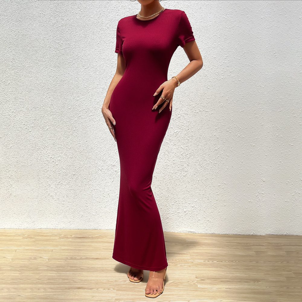 Elegant Solid Color Round Neck Slim Dress