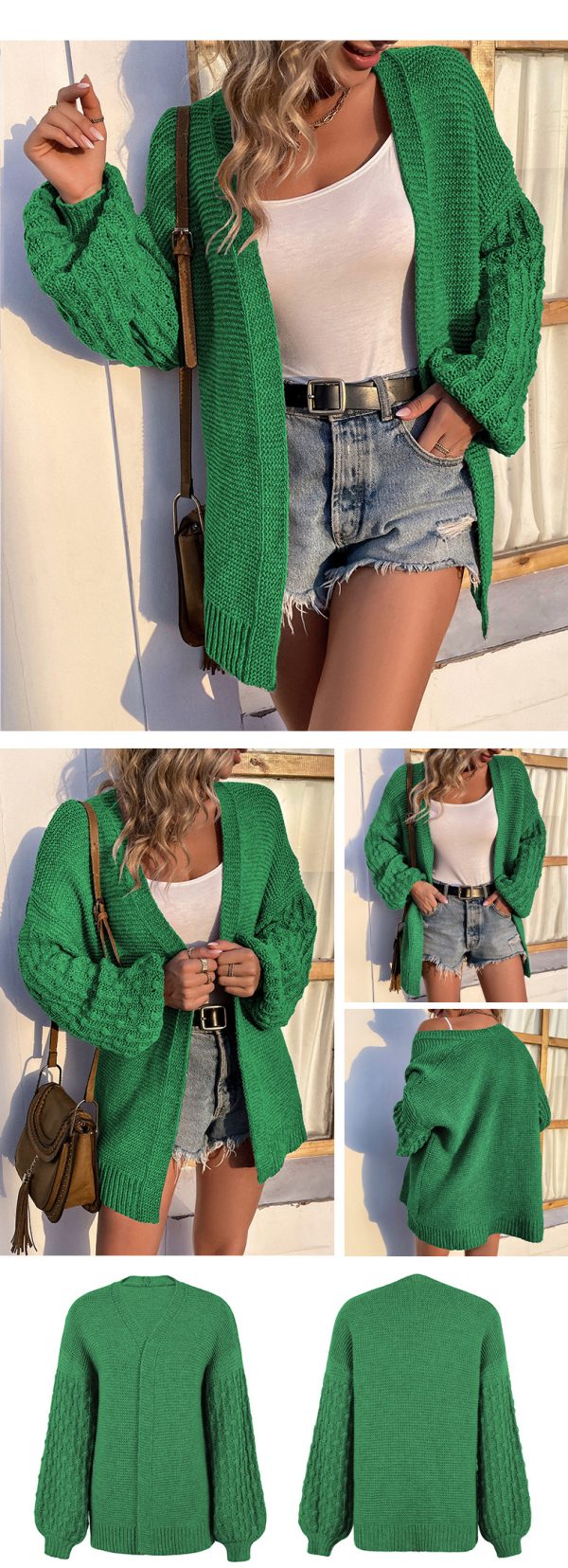 Solid Color Lantern Sleeve Sweater Women Cardigan