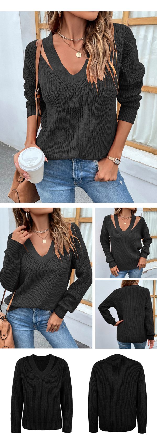 Elegant V-Neck Off-Shoulder Knitwear Sweater - Women's Autumn/Winter Fashion