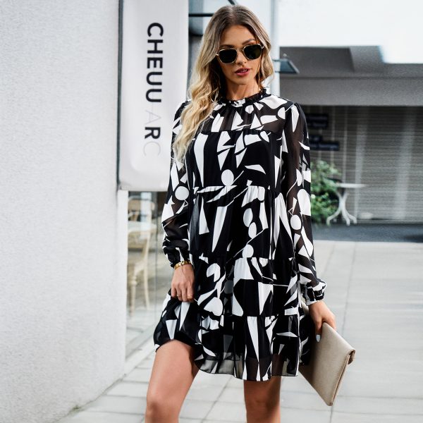 Elegant Long Sleeve Print Dress - Autumn/Winter