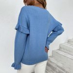 Solid Color V-neck Petal Sleeve Sweater for Women