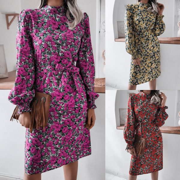 Floral Lantern Sleeve Chiffon Dress