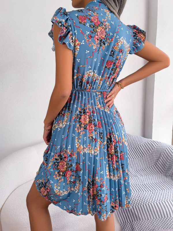 Dignified Floral Lace-Up Waist Pleated Dress