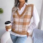 Autumn Winter Casual Color Contrast Check Knitted Vest Sweater Vest Women Clothing