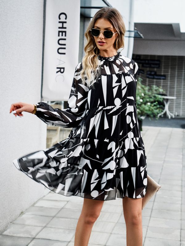 Elegant Long Sleeve Print Dress - Autumn/Winter