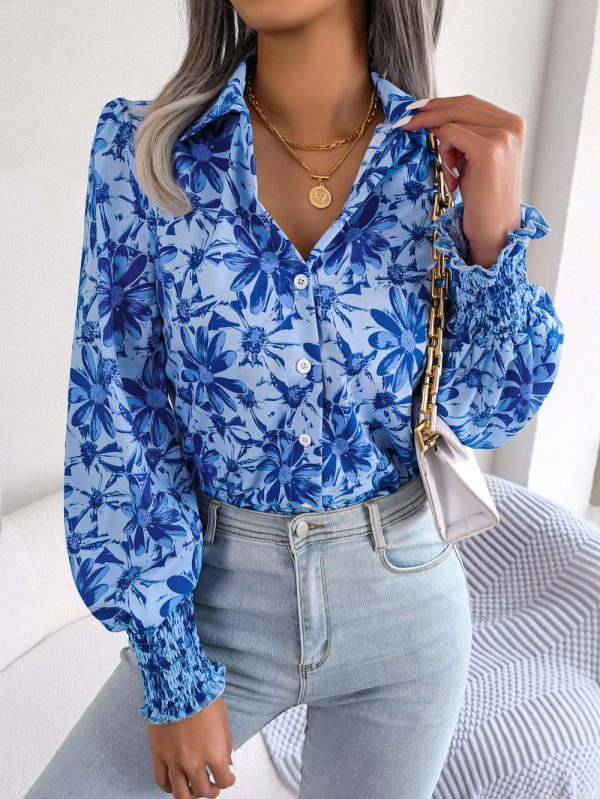 Casual Floral Collared Shirt with Lantern Sleeves