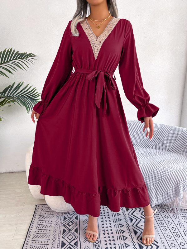 V-Neck Lace Waist-Trimming Ruffles Maxi Dress