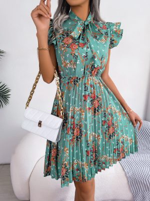 Dignified Floral Lace-Up Waist Pleated Dress