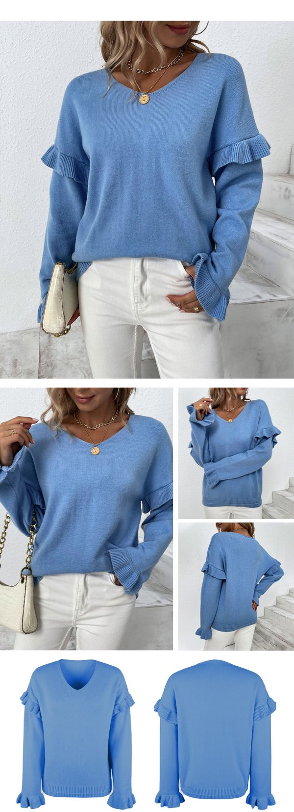 Solid Color V-neck Petal Sleeve Sweater for Women