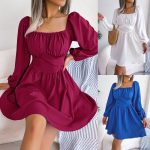 Casual Solid Color Square Neck Cinched Swing Dress
