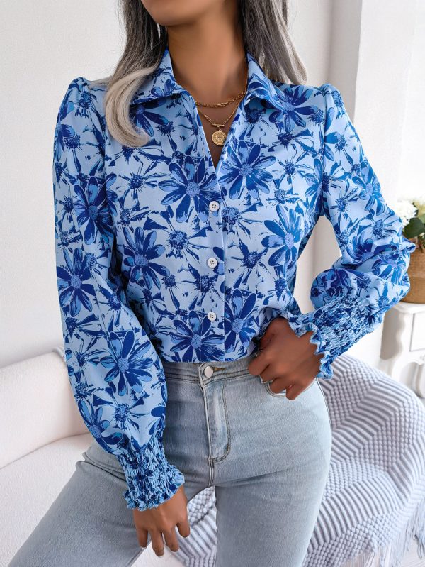 Casual Floral Collared Shirt with Lantern Sleeves