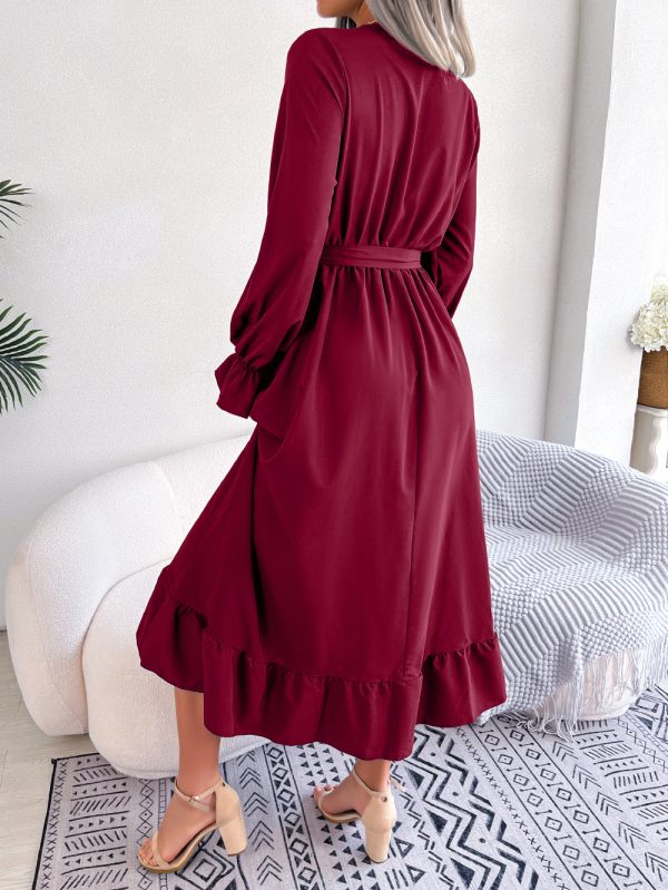 V-Neck Lace Waist-Trimming Ruffles Maxi Dress