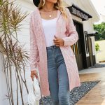 Autumn Winter Solid Color Hooded Knitted Pocket Cardigan Long Twist Sweater for Women