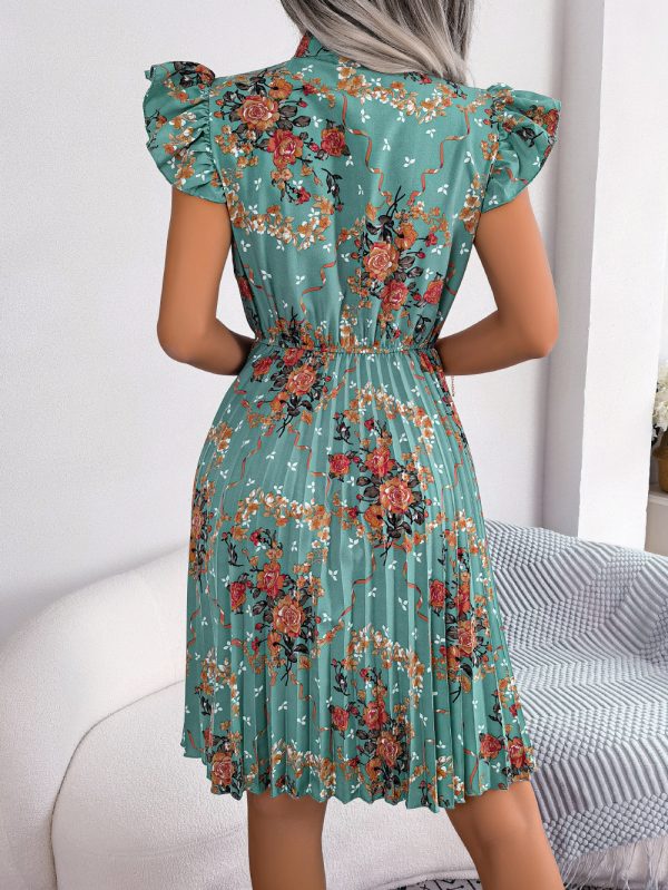 Dignified Floral Lace-Up Waist Pleated Dress