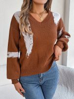 Autumn Winter Casual Contrast Color Striped Lantern Sleeve Bottoming Sweater Women Clothing