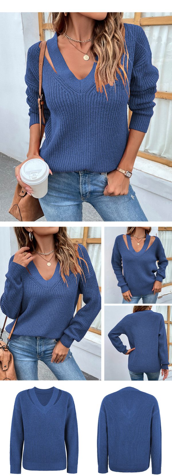 Elegant V-Neck Off-Shoulder Knitwear Sweater - Women's Autumn/Winter Fashion