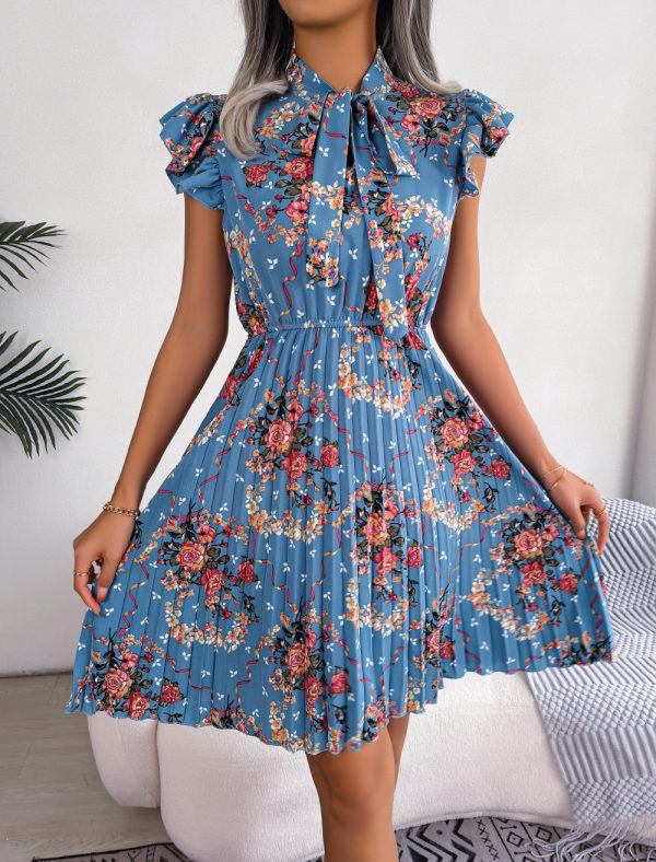 Dignified Floral Lace-Up Waist Pleated Dress