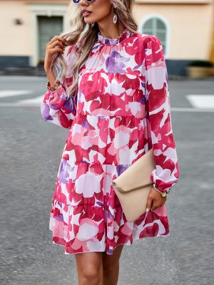 Elegant Long Sleeve Print Dress - Autumn/Winter