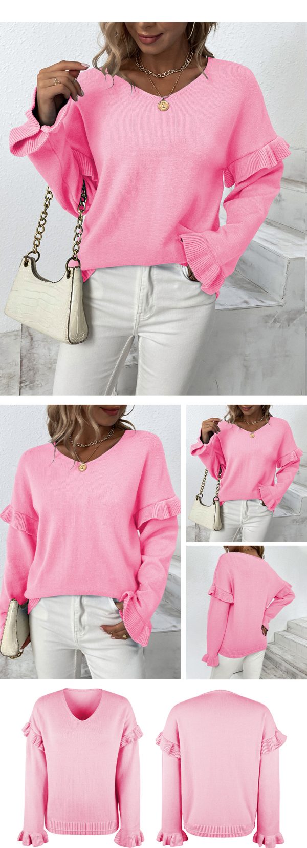 Solid Color V-neck Petal Sleeve Sweater for Women