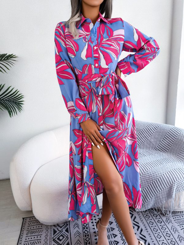 Contrast Color Floral Collared Tied Maxi Shirt Dress