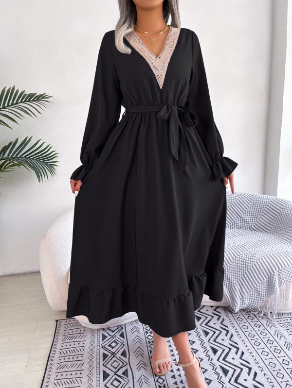 V-Neck Lace Waist-Trimming Ruffles Maxi Dress