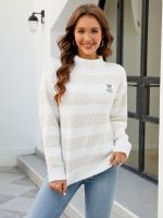 Contrast Color Striped Autumn Winter Sweater Women - Loose Mock Neck Sweater