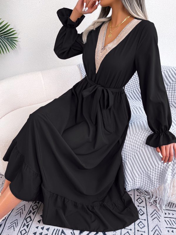 V-Neck Lace Waist-Trimming Ruffles Maxi Dress