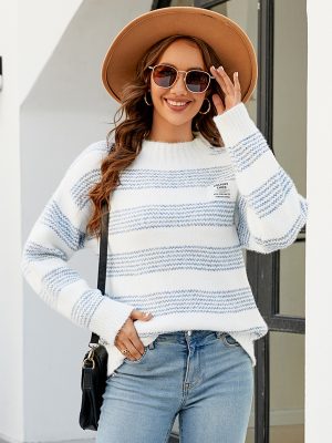 Contrast Color Striped Autumn Winter Sweater Women - Loose Mock Neck Sweater