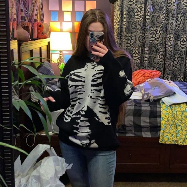 Women Clothing Long Sleeve Woolen Spring Autumn Halloween Skull Print Casual Pullover Sweater