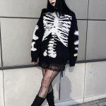 Women Clothing Long Sleeve Woolen Spring Autumn Halloween Skull Print Casual Pullover Sweater