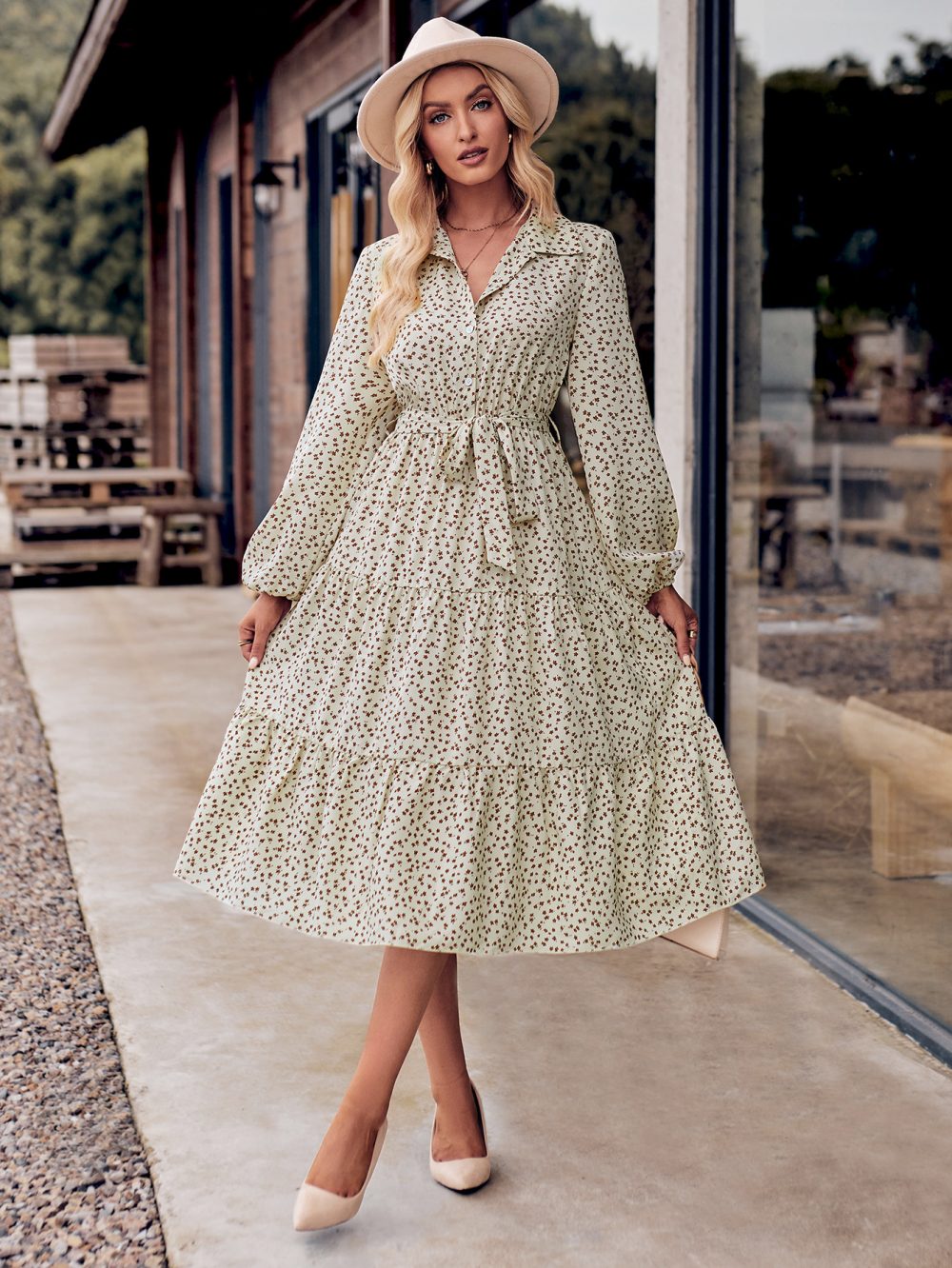 Printed Lace-Up Long-Sleeved Dress