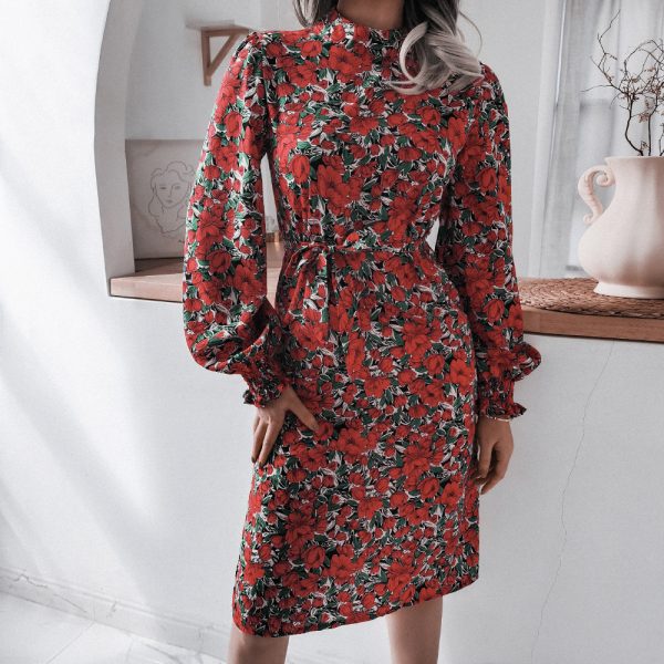 Floral Lantern Sleeve Chiffon Dress