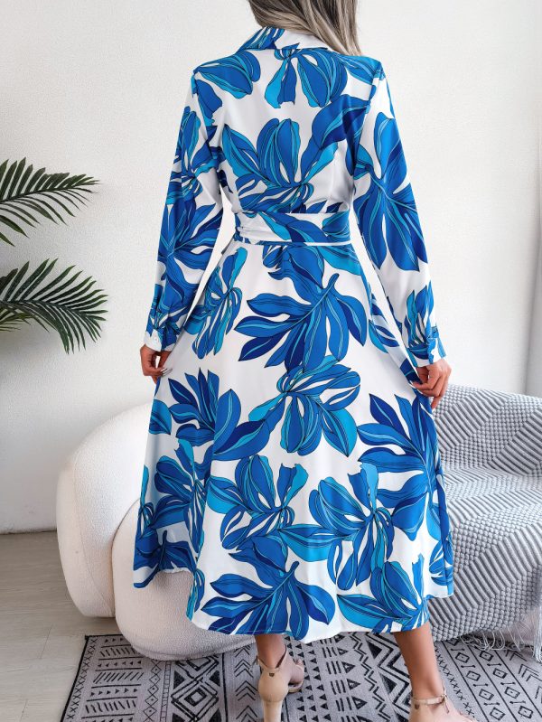 Contrast Color Floral Collared Tied Maxi Shirt Dress