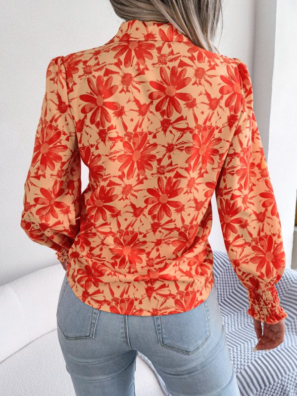 Casual Floral Collared Shirt with Lantern Sleeves