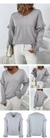 Solid Color V-neck Petal Sleeve Sweater for Women